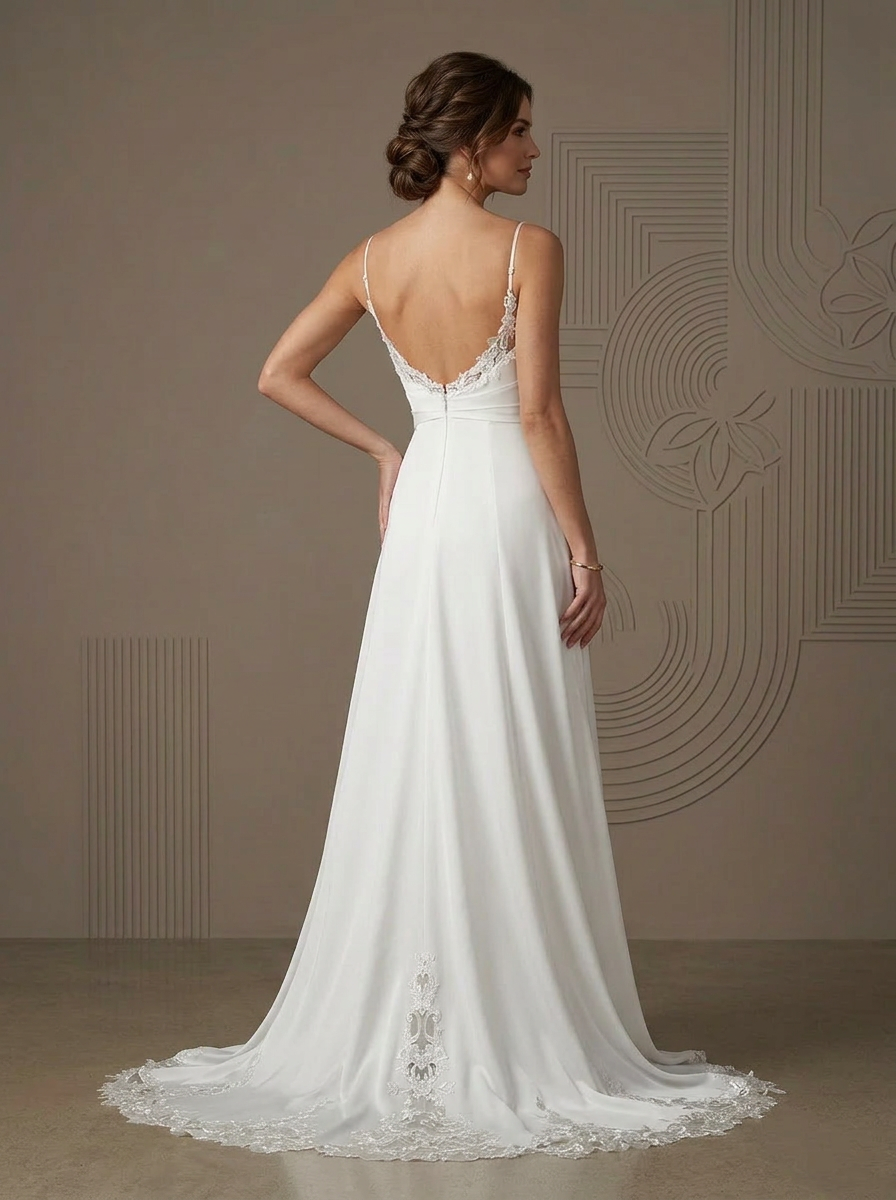 White A-Line Lace Stretch Satin Spaghetti Straps Wedding Dress