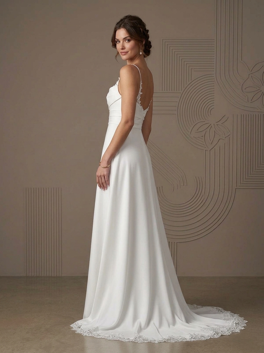 White A-Line Lace Stretch Satin Spaghetti Straps Wedding Dress