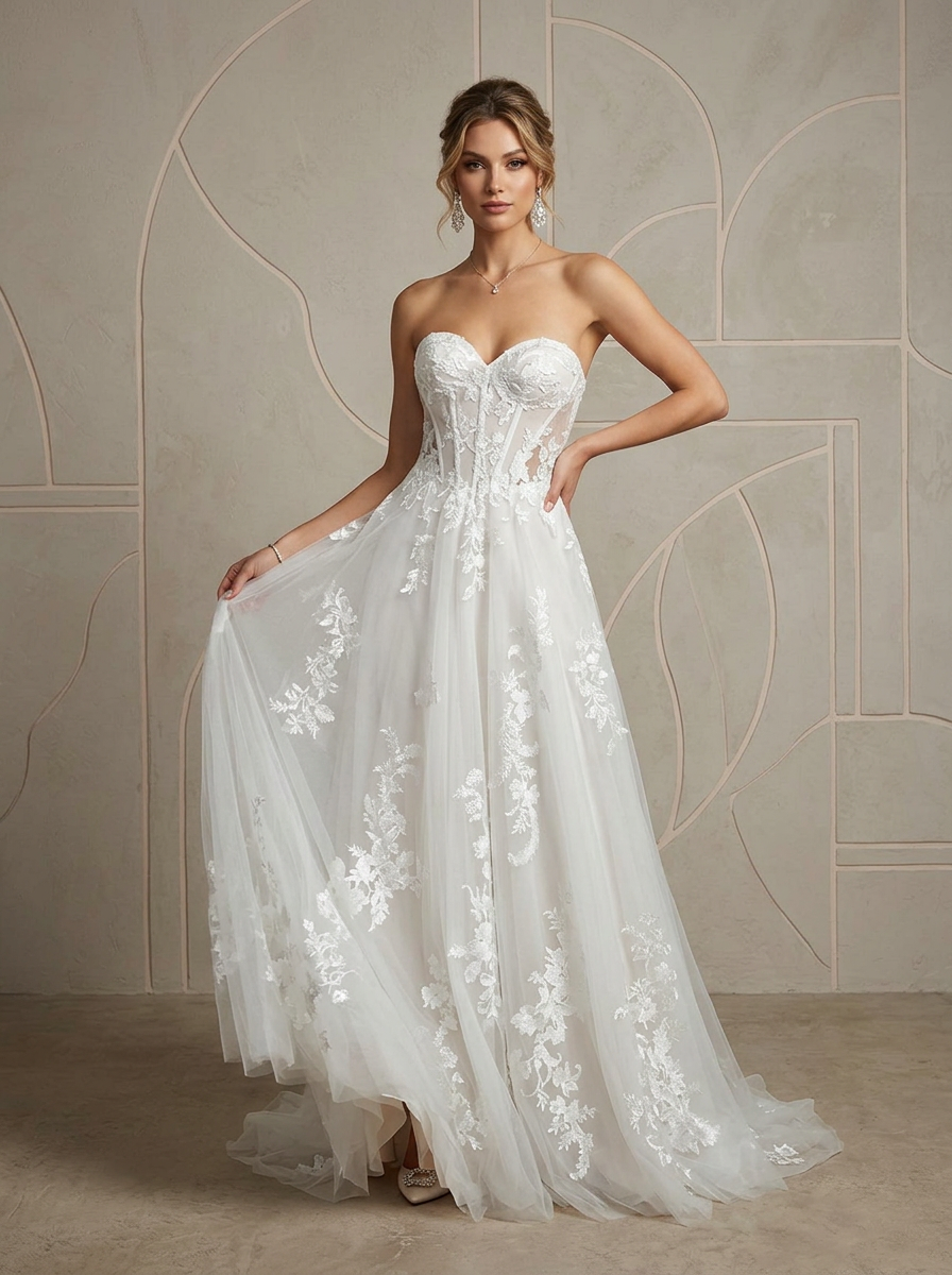 Ethereal White Lace-Appliqué Corset A-Line Sequins Tulle Wedding Dress