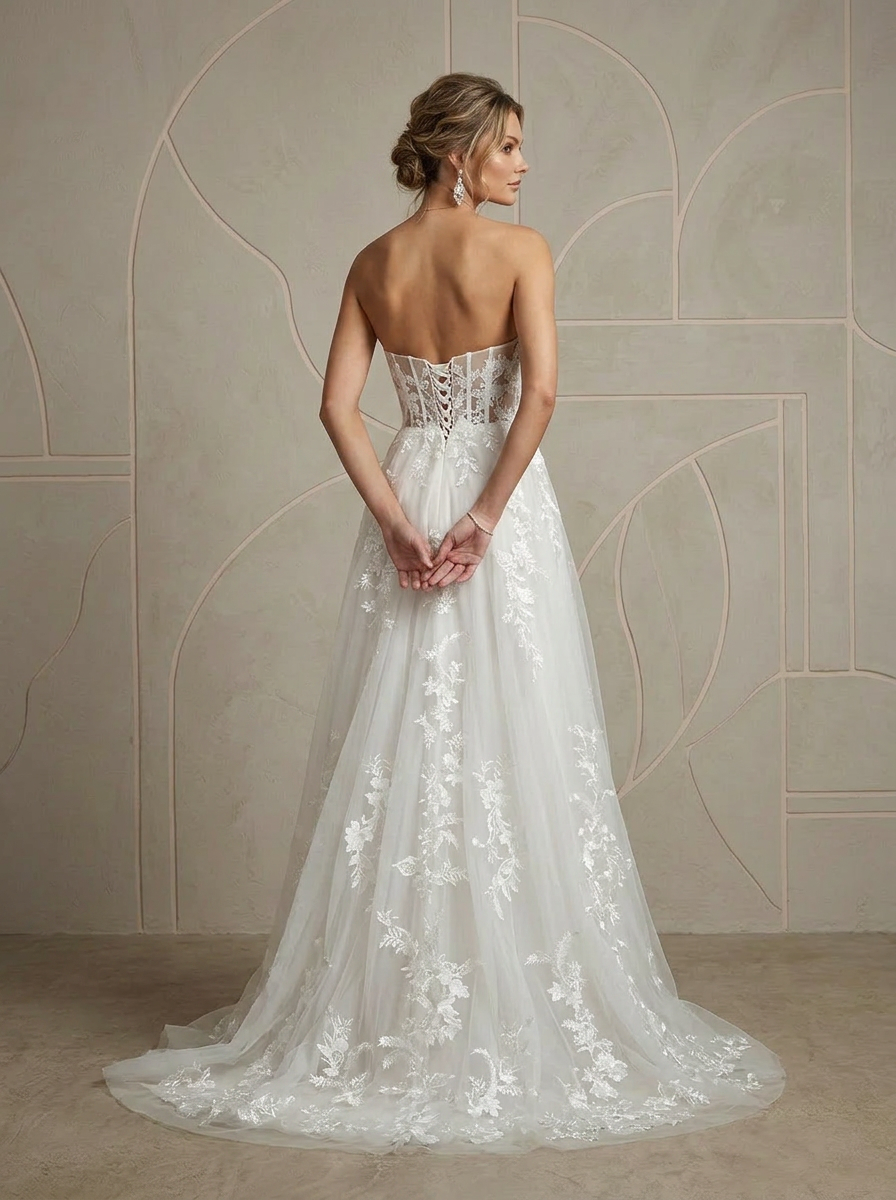 Ethereal White Lace-Appliqué Corset A-Line Sequins Tulle Wedding Dress