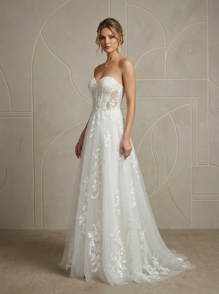 Ethereal White Lace-Appliqué Corset A-Line Sequins Tulle Wedding Dress