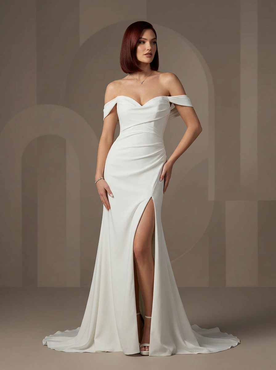 White Mermaid Off-The Shoulder Crepe Back Satin Wedding Dress