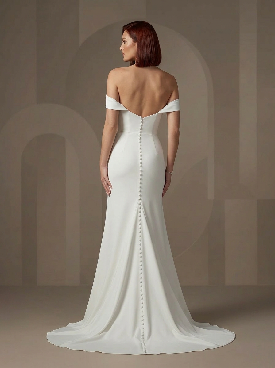 White Mermaid Off-The Shoulder Crepe Back Satin Wedding Dress