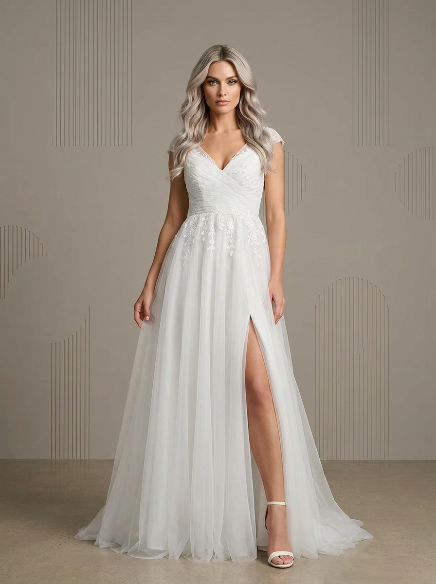 White Romantic Cap-Sleeve Tulle V-Neck Wedding Dress