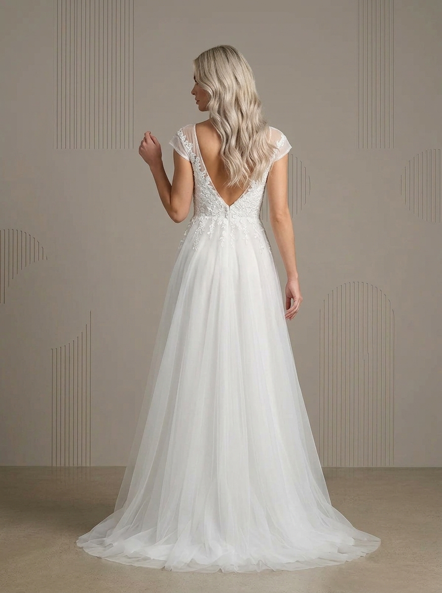 White Romantic Cap-Sleeve Tulle V-Neck Wedding Dress