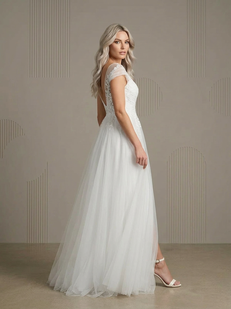 White Romantic Cap-Sleeve Tulle V-Neck Wedding Dress