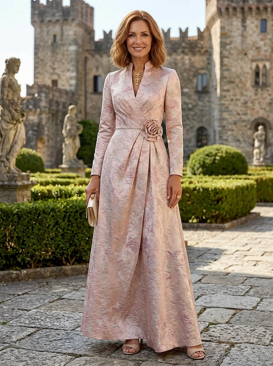 Sophisticated Blush Floral Jacquard Long-Sleeve V-Neck Mother of the Bride & Groom Dresses 