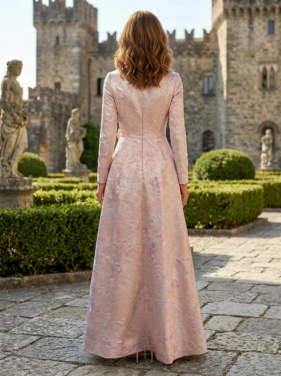 Sophisticated Blush Floral Jacquard Long-Sleeve V-Neck Mother of the Bride & Groom Dresses 