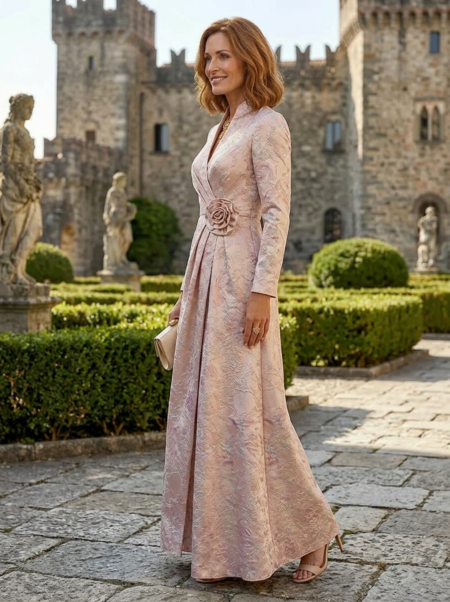 Sophisticated Blush Floral Jacquard Long-Sleeve V-Neck Mother of the Bride & Groom Dresses 