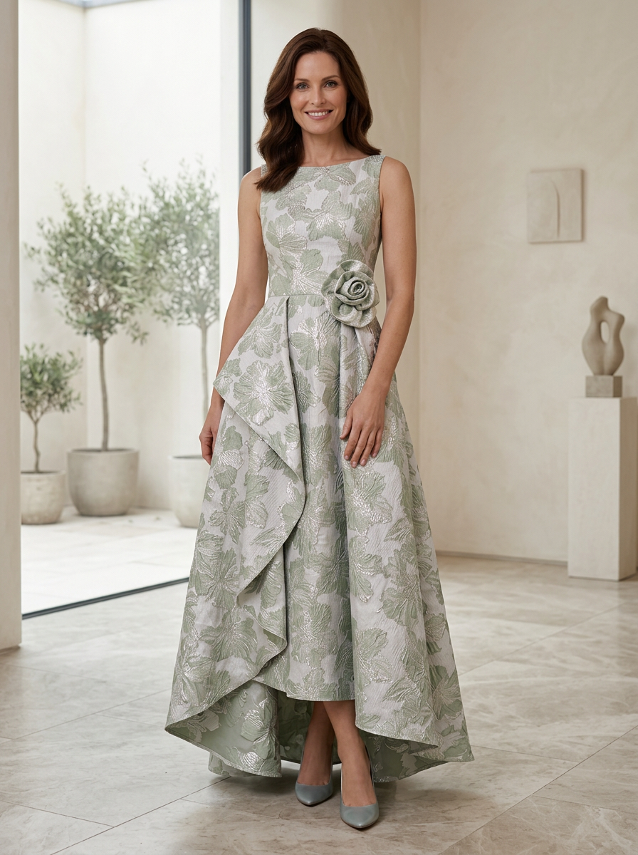 Refined Sage Floral Jacquard Hi-Low A-Line Mother of the Bride & Groom Dresses 