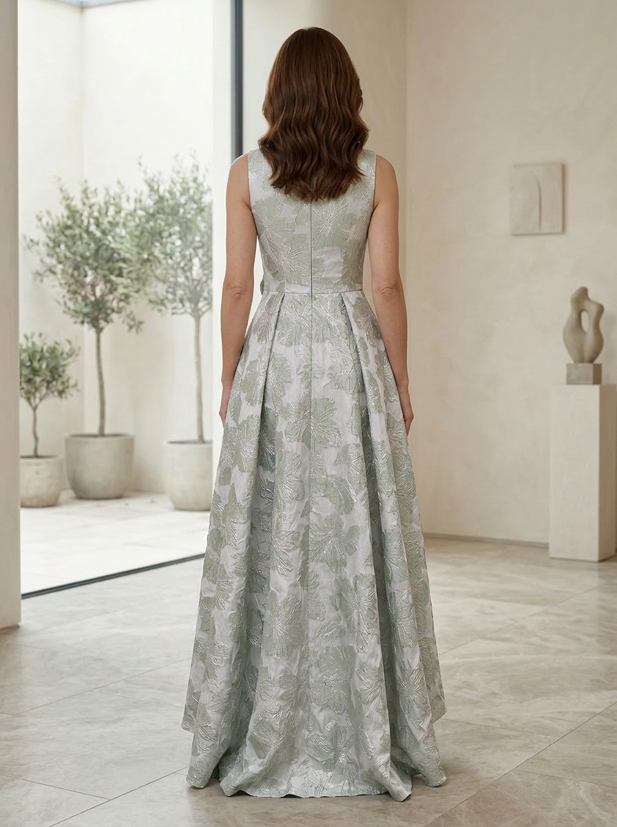 Refined Sage Floral Jacquard Hi-Low A-Line Mother of the Bride & Groom Dresses 