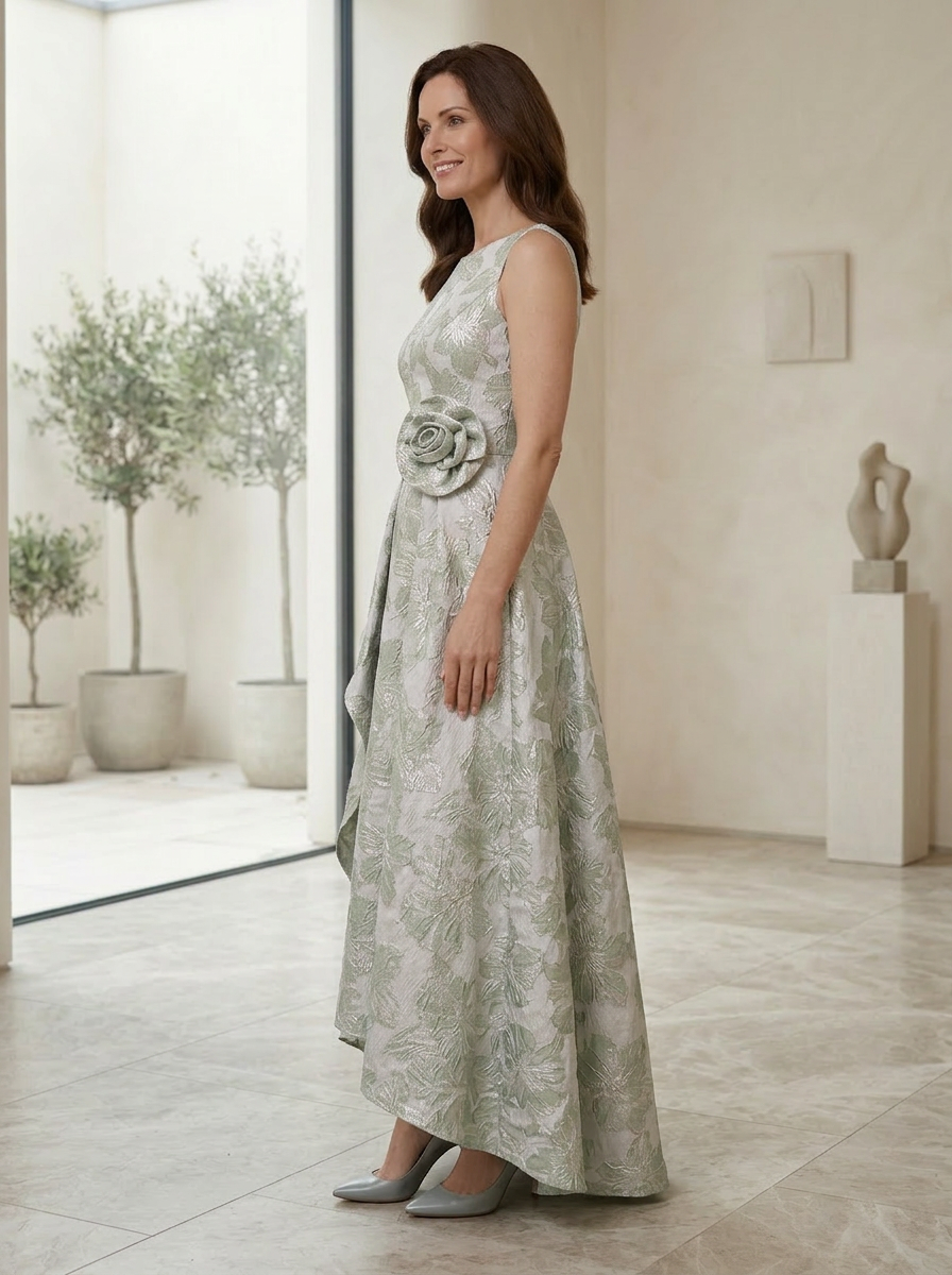 Refined Sage Floral Jacquard Hi-Low A-Line Mother of the Bride & Groom Dresses 