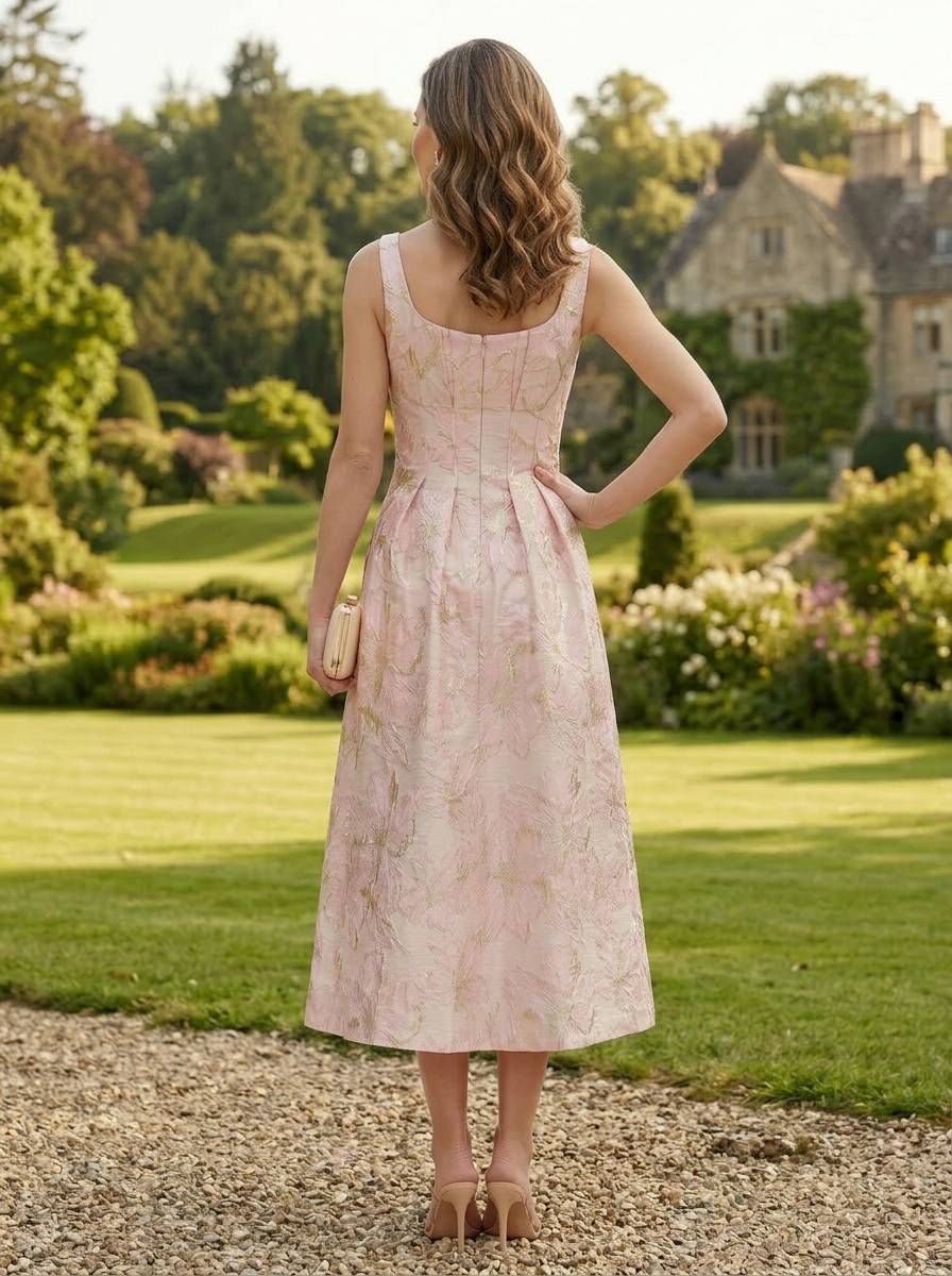 Elegant Blush Square-Neck Floral Jacquard Midi Mother of the Bride & Groom Dresses 