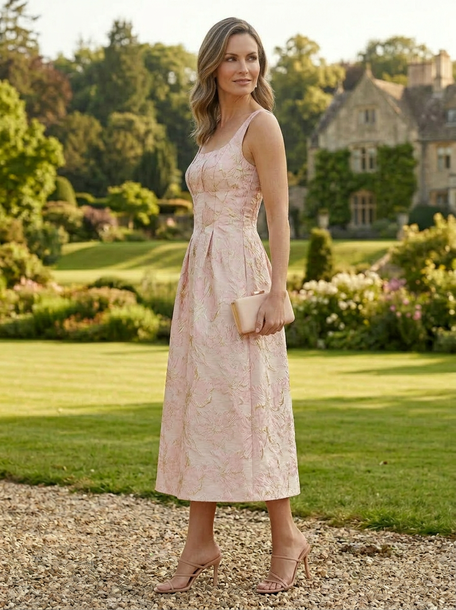 Elegant Blush Square-Neck Floral Jacquard Midi Mother of the Bride & Groom Dresses 