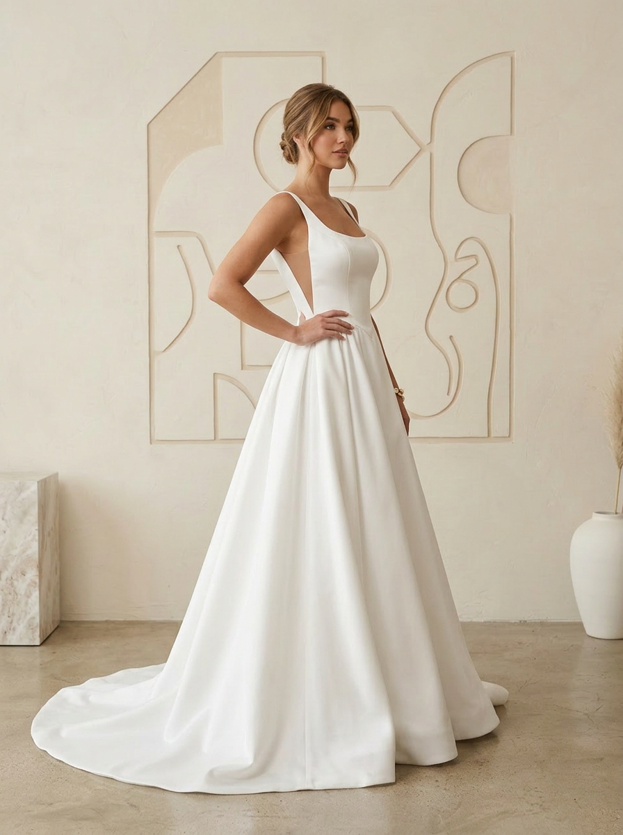 White Ball-Gown with Pockets Satin A-Line Wedding Dress