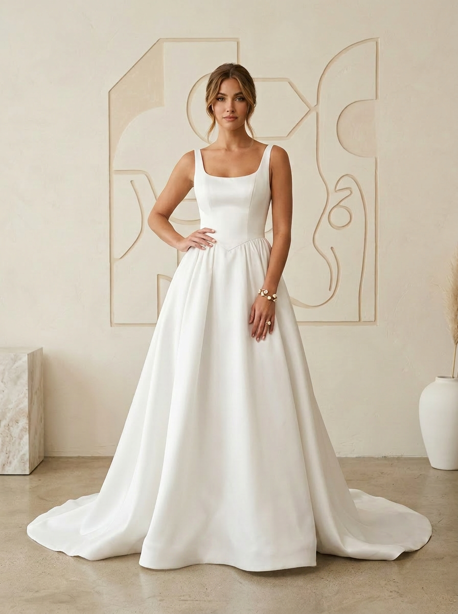 White Ball-Gown with Pockets Satin A-Line Wedding Dress