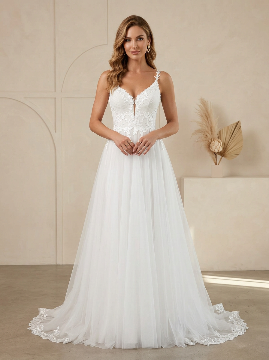 White A-Line V-Neck Lace Tulle Sweetheart Wedding Dress