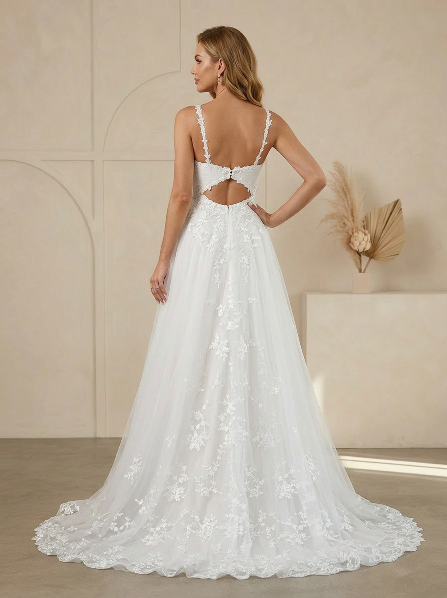 White A-Line V-Neck Lace Tulle Sweetheart Wedding Dress