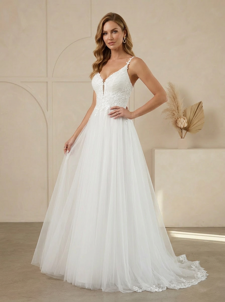 White A-Line V-Neck Lace Tulle Sweetheart Wedding Dress