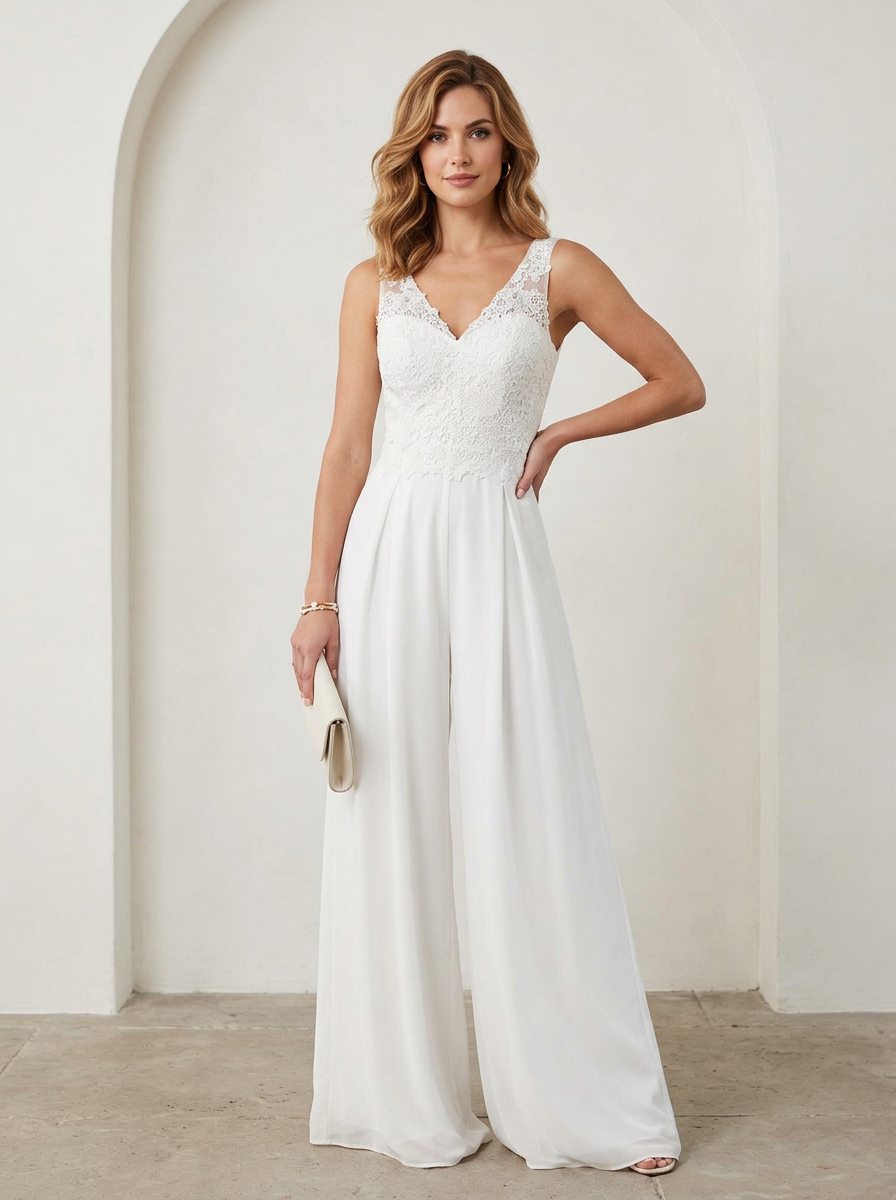 White Pant Styles V-Neck Lace Chiffon Wedding Jumpsuit