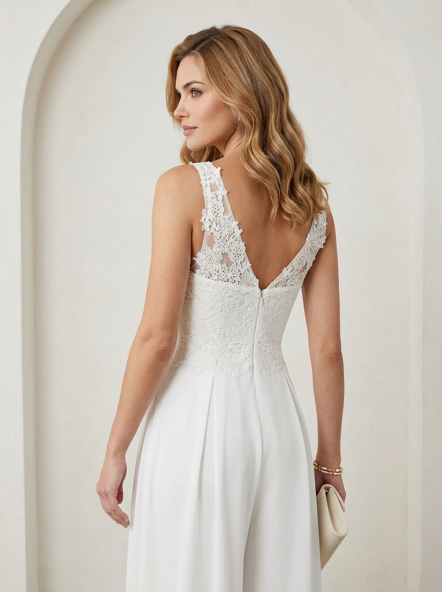 White Pant Styles V-Neck Lace Chiffon Wedding Jumpsuit