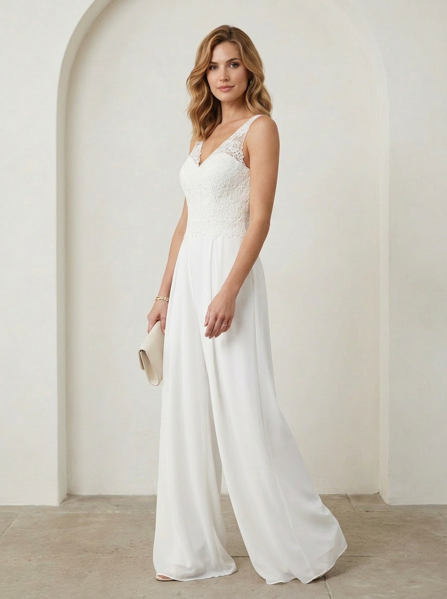 White Pant Styles V-Neck Lace Chiffon Wedding Jumpsuit