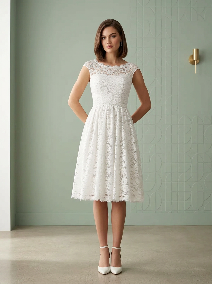 White A-Line Lace Midi Wedding Dress