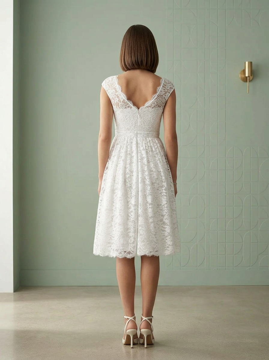 White A-Line Lace Midi Wedding Dress
