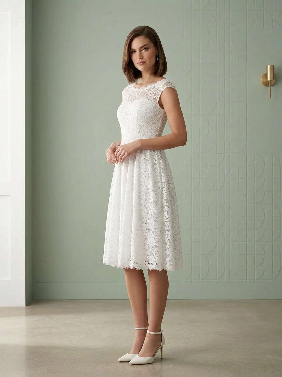 White A-Line Lace Midi Wedding Dress