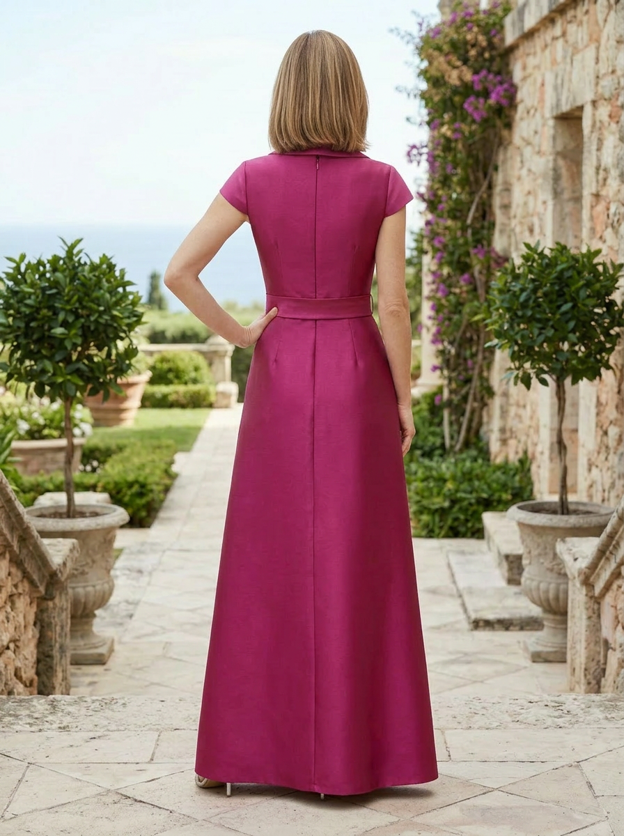 Magenta Lapel Detail Maxi V-Neck A-Line Mother of the Bride & Groom Dresses 