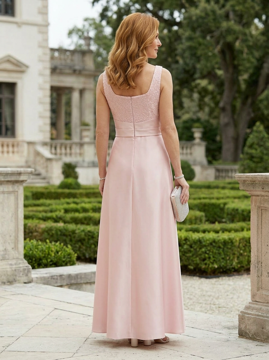 Elegant Blush Lace-Bodice Maxi Square Neckline A-Line Mother of the Bride & Groom Dresses 