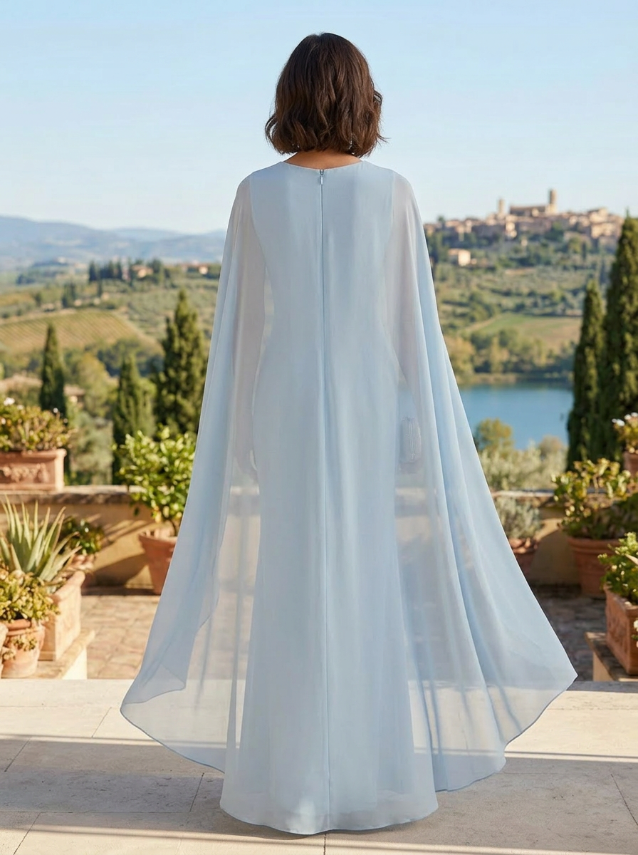 Sophisticated Light Blue Column Mother of the Bride & Groom Dresses with Sheer Cape Detail 