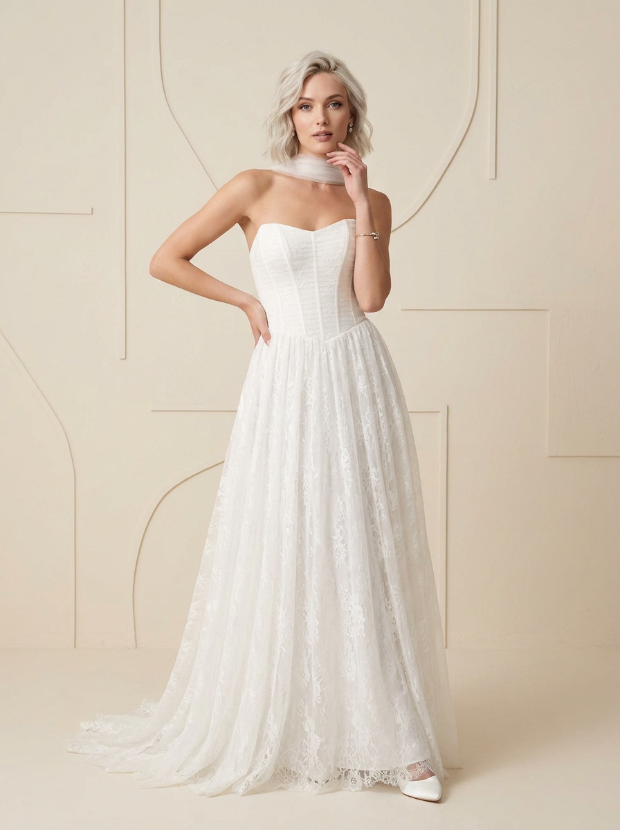 White A-Line Strapless Lace Wedding Dress
