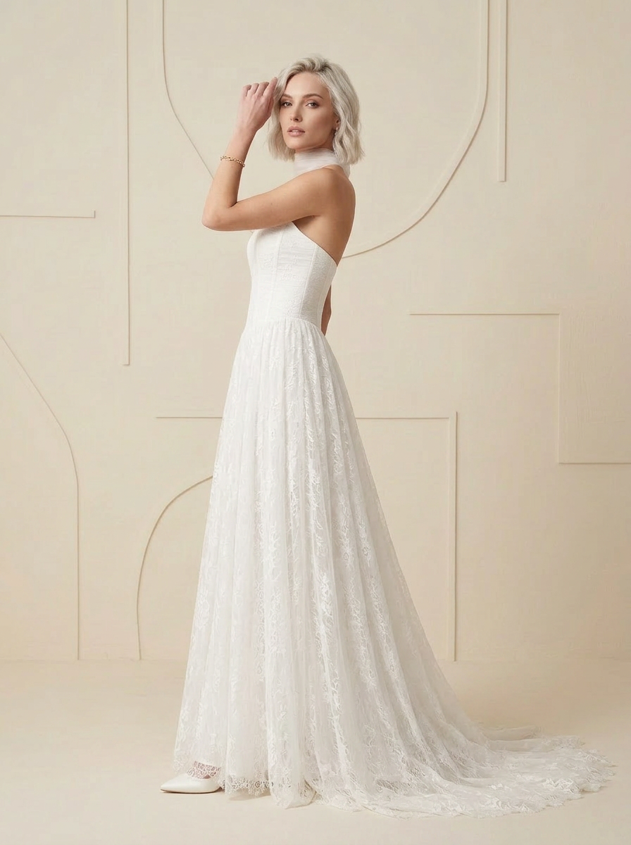 White A-Line Strapless Lace Wedding Dress