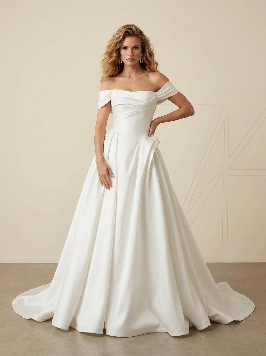Ivory Ball-Gown Off the Shoulder Satin A-Line Wedding Dress