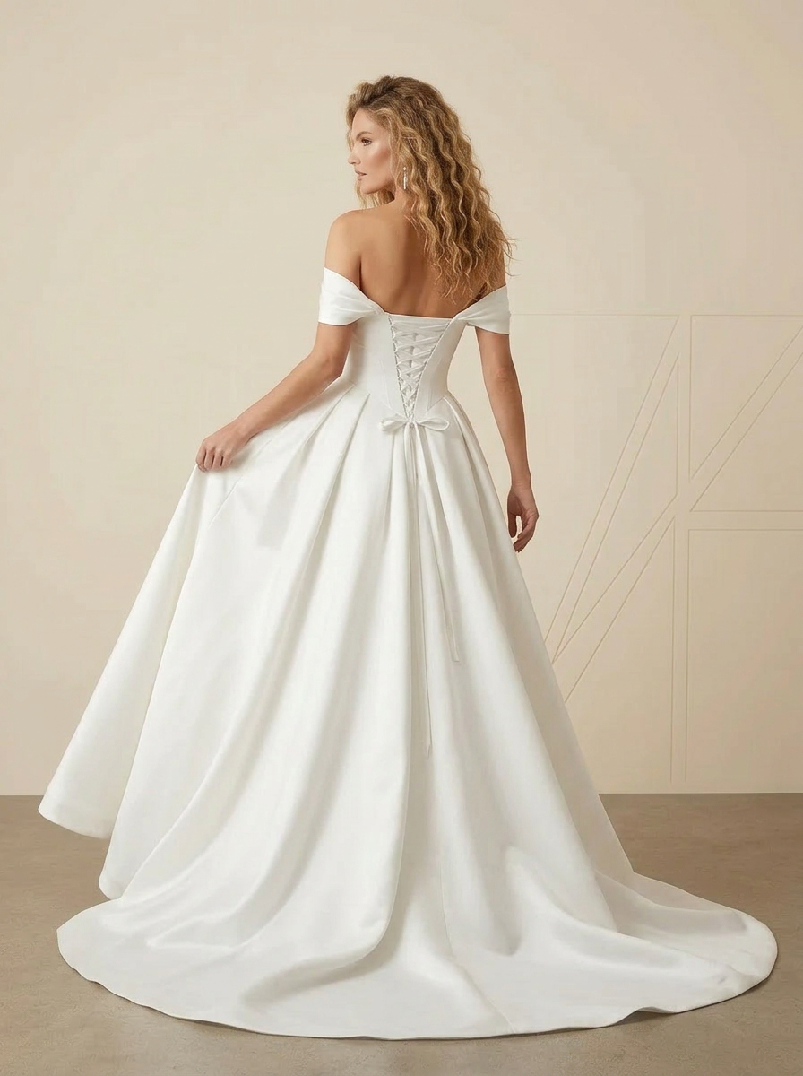Ivory Ball-Gown Off the Shoulder Satin A-Line Wedding Dress