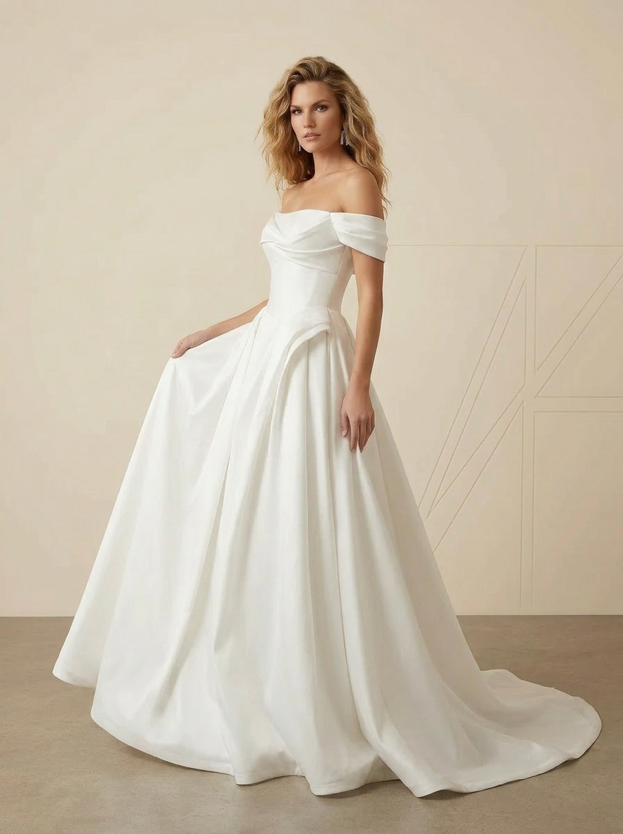 Ivory Ball-Gown Off the Shoulder Satin A-Line Wedding Dress
