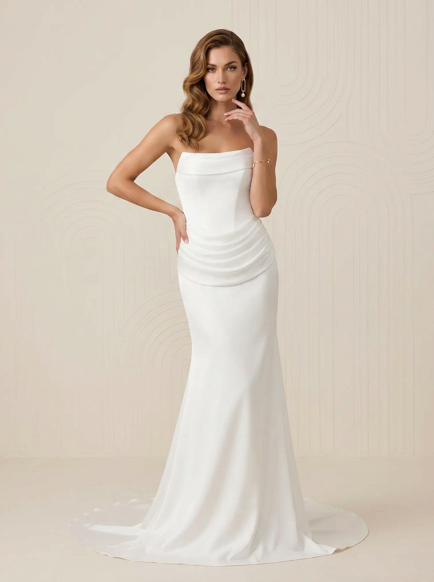 White Draped Mermaid Sheath Strapless Stretch Satin Wedding Dress