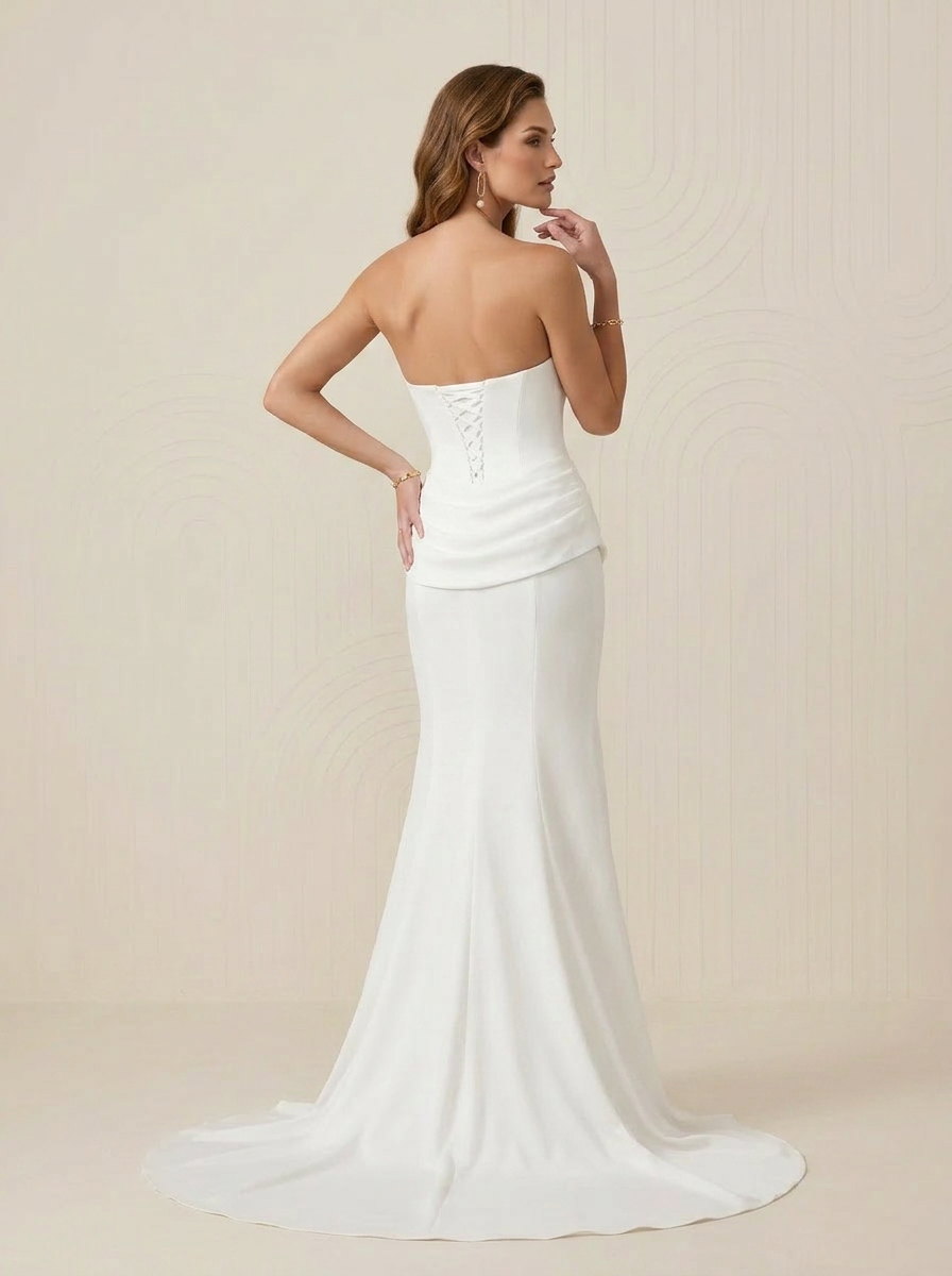 White Draped Mermaid Sheath Strapless Stretch Satin Wedding Dress