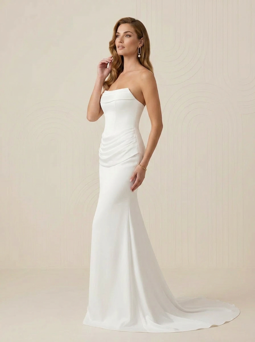 White Draped Mermaid Sheath Strapless Stretch Satin Wedding Dress