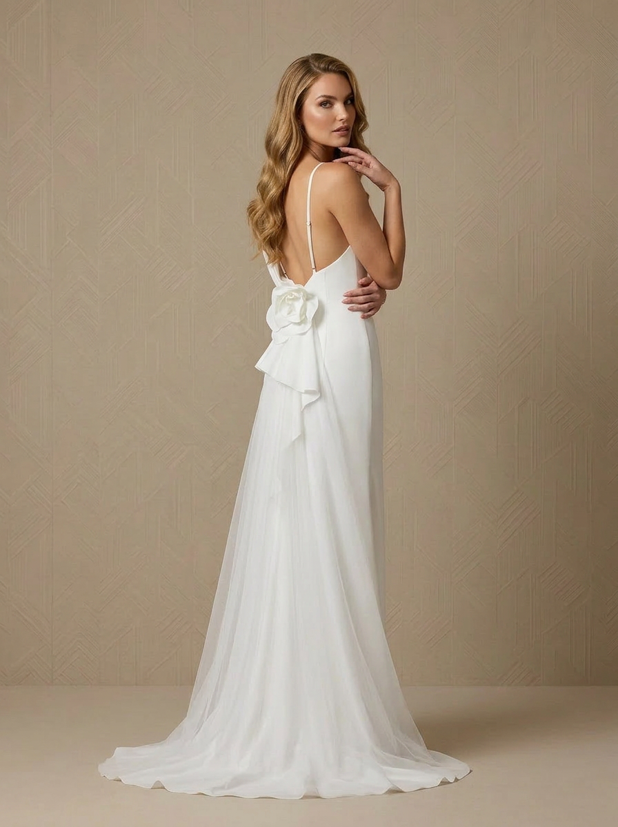 White Sheath Crepe Back Satin Wedding Dress