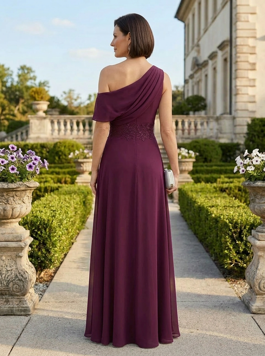 Plum Chiffon A-Line One Shoulder Mother of the Bride & Groom Dresses 