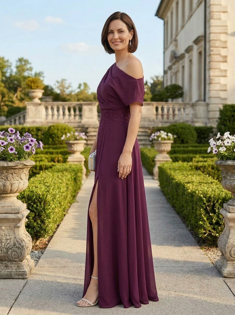 Plum Chiffon A-Line One Shoulder Mother of the Bride & Groom Dresses 