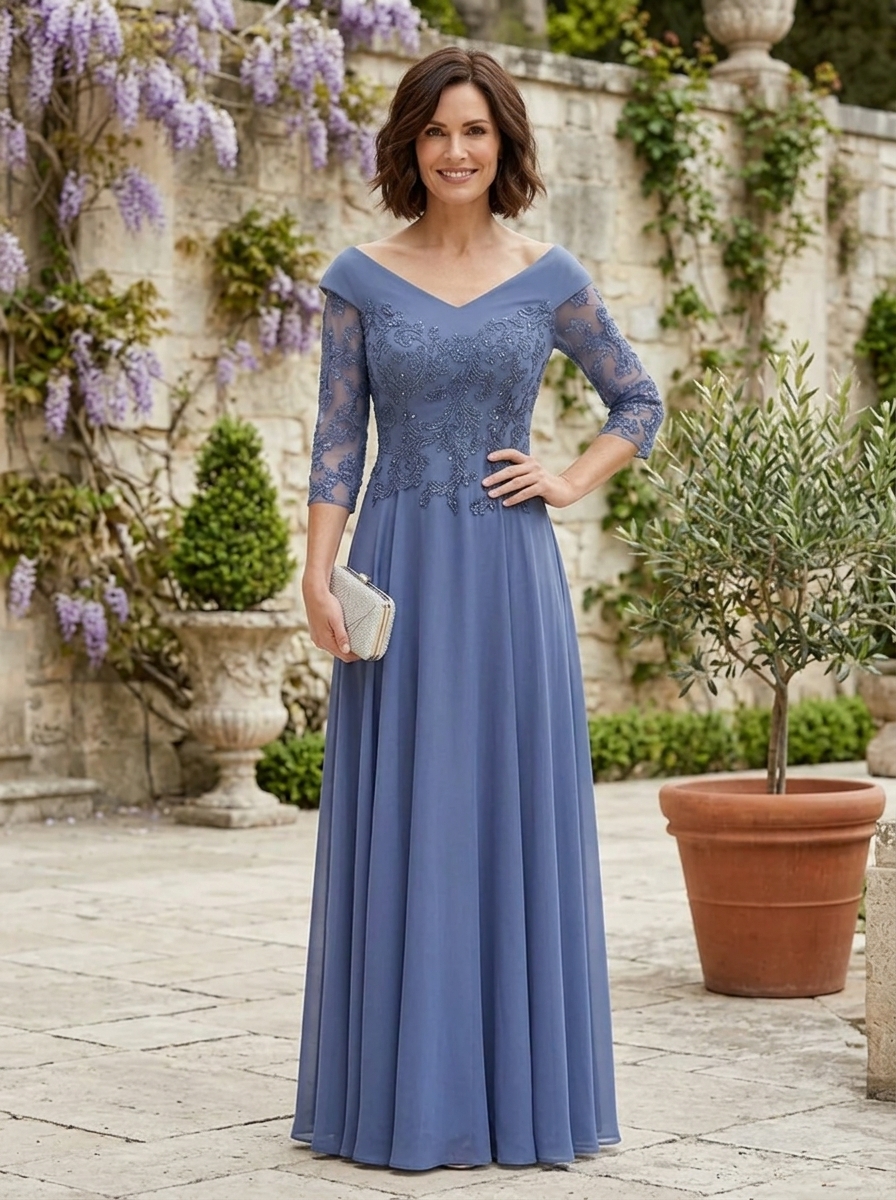 Graceful Dusty Blue Off-the-Shoulder Embroidered Mother of the Bride & Groom Dresses 