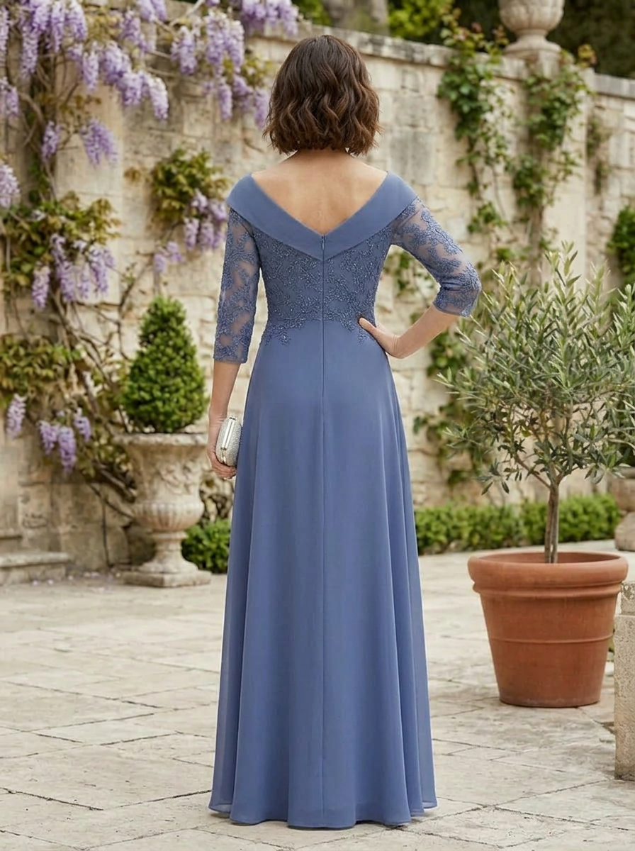 Graceful Dusty Blue Off-the-Shoulder Embroidered Mother of the Bride & Groom Dresses 
