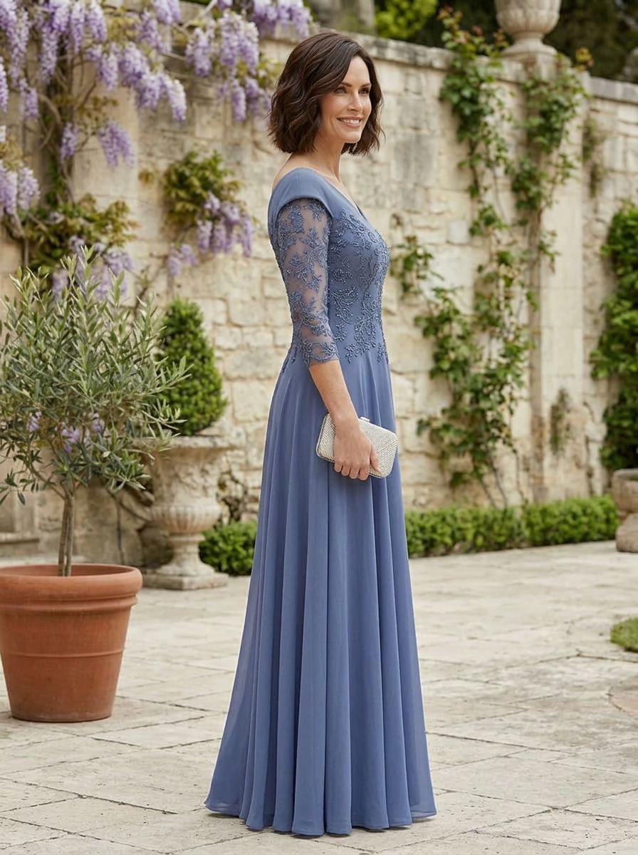 Graceful Dusty Blue Off-the-Shoulder Embroidered Mother of the Bride & Groom Dresses 
