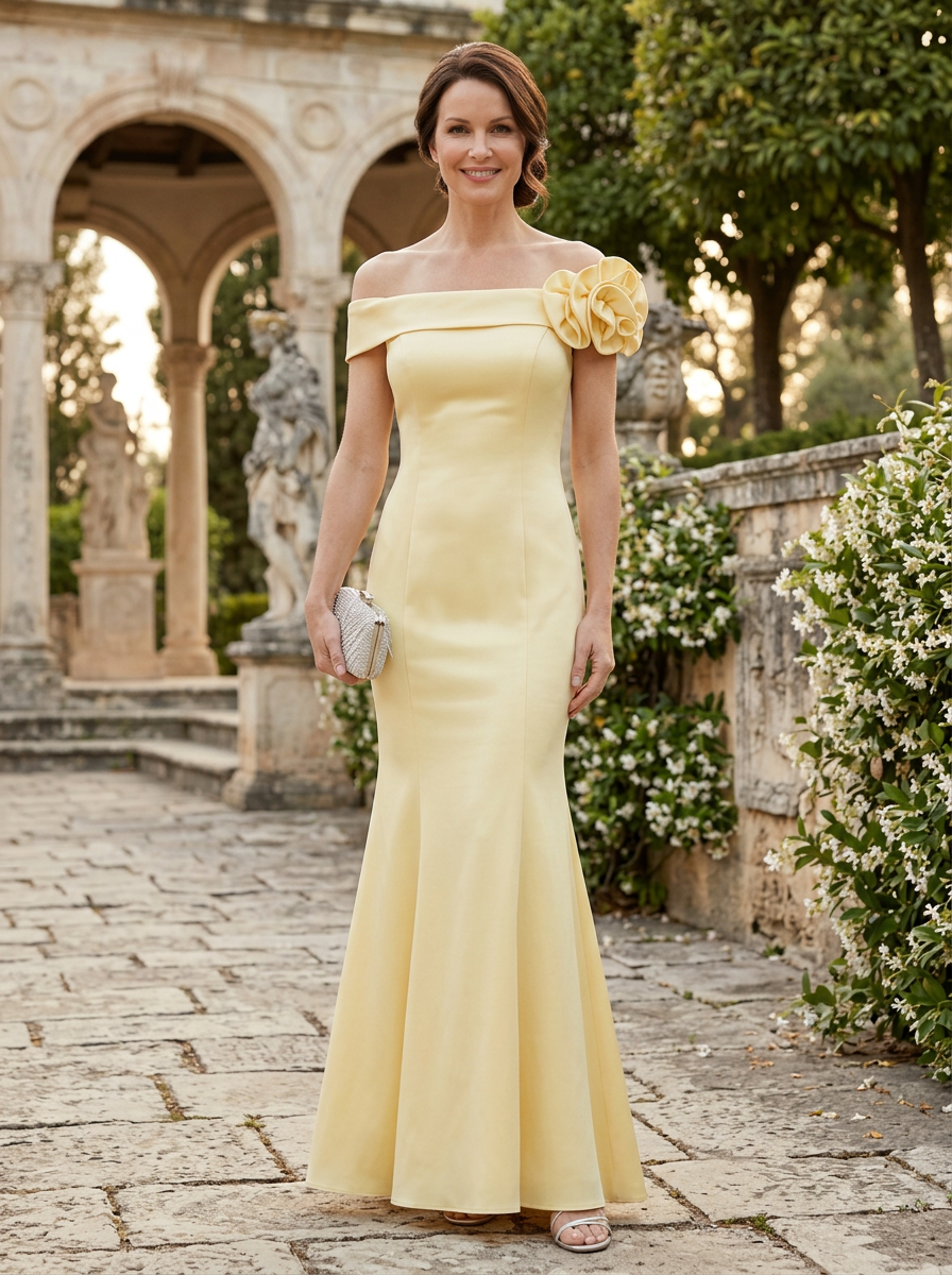 Light Yellow Chiffon Mermaid Off Shoulder Mother of the Bride & Groom Dresses 