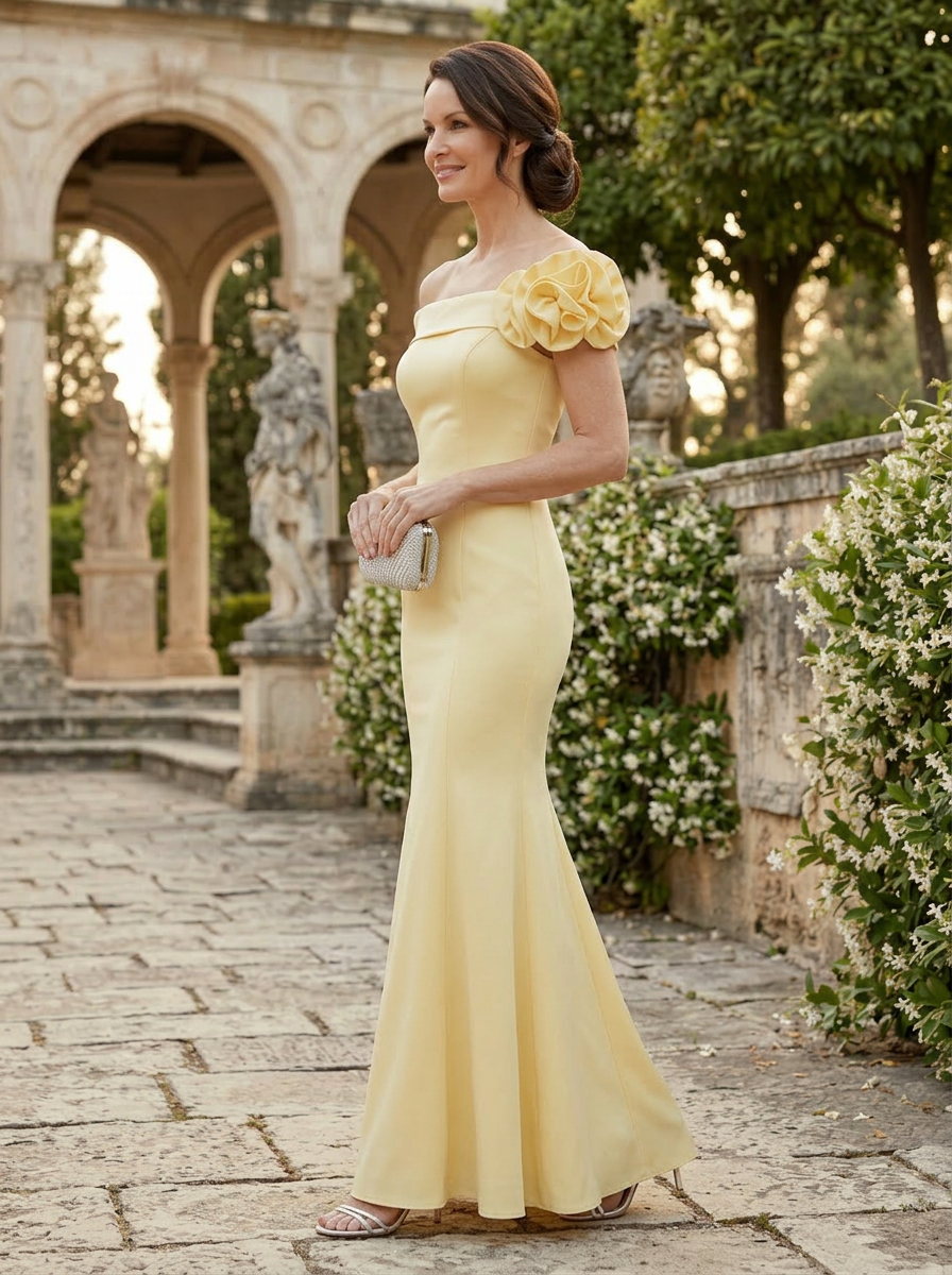 Light Yellow Chiffon Mermaid Off Shoulder Mother of the Bride & Groom Dresses 
