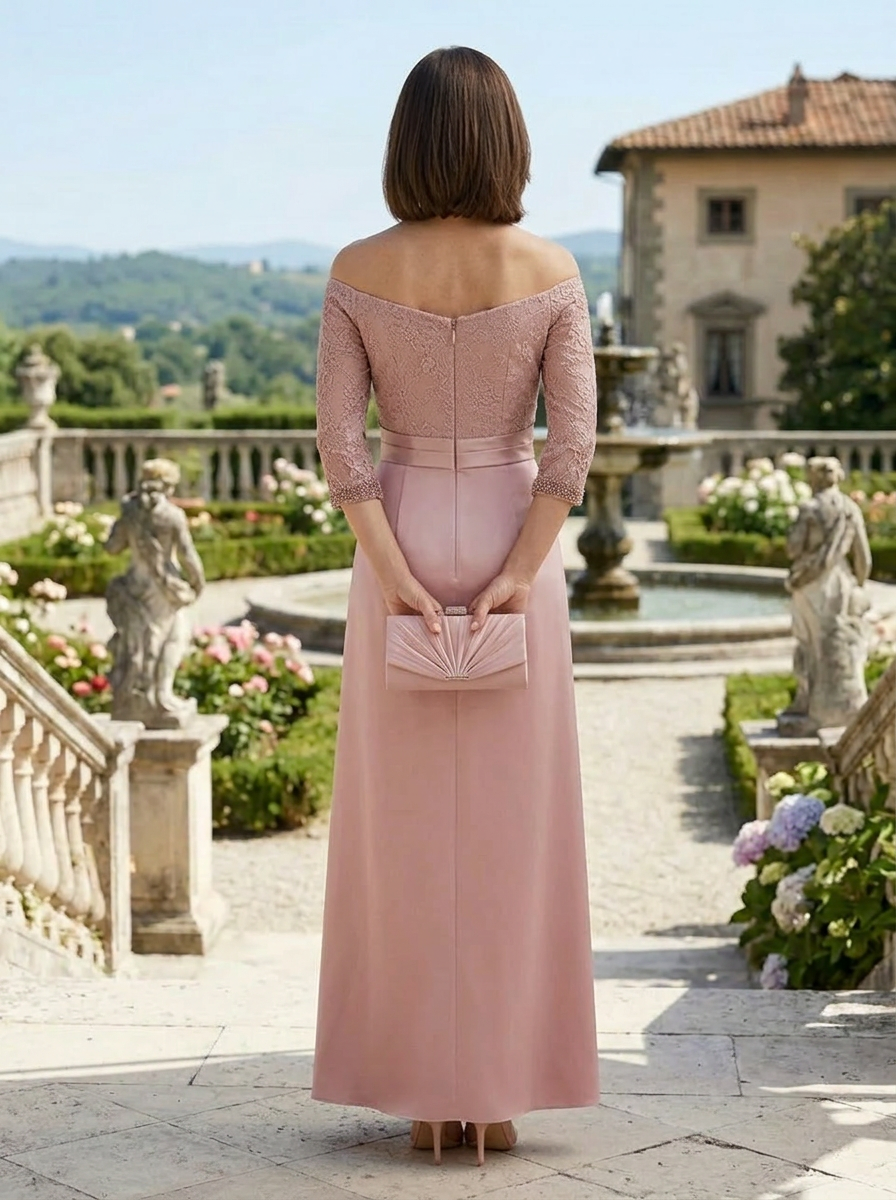 Elegant Dusty Rose Off-the-Shoulder Lace-Sleeve Mother of the Bride & Groom Dresses 