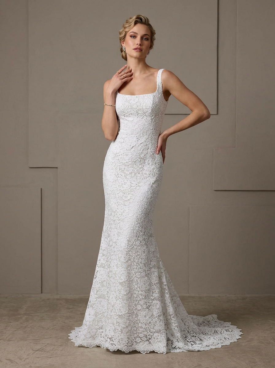 Timeless White All-Over Lace Square Neck Sheath Wedding Dress